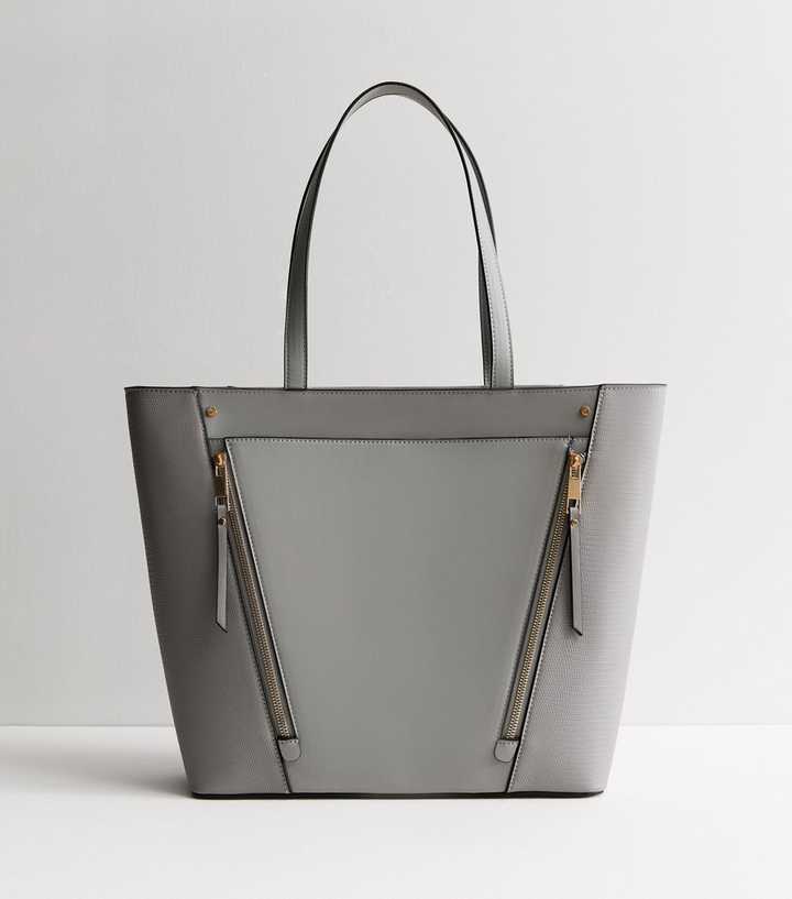 Grey Leather-Look Gold Zip Tote Bag