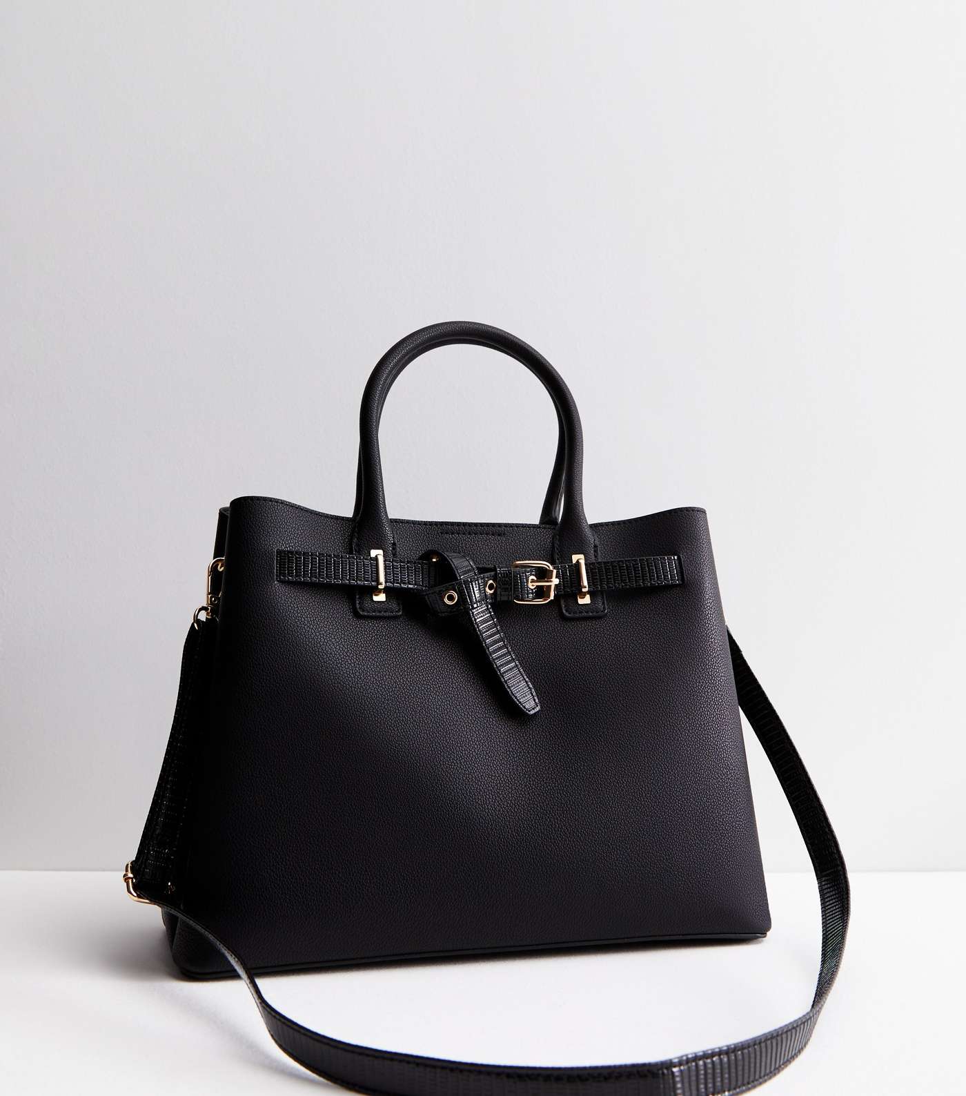 Black Leather-Look Buckle Tote Bag Image 5