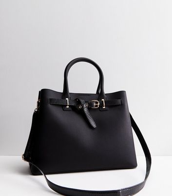 Black Leather Look Buckle Tote Bag New Look