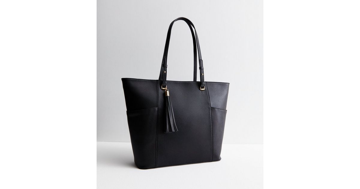 Black Leather-Look Tassel Tote Bag