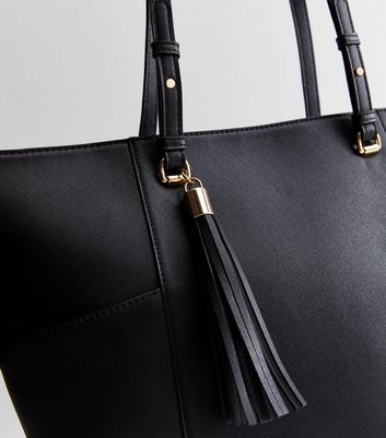 Black Leather-Look Tassel Tote Bag | New Look