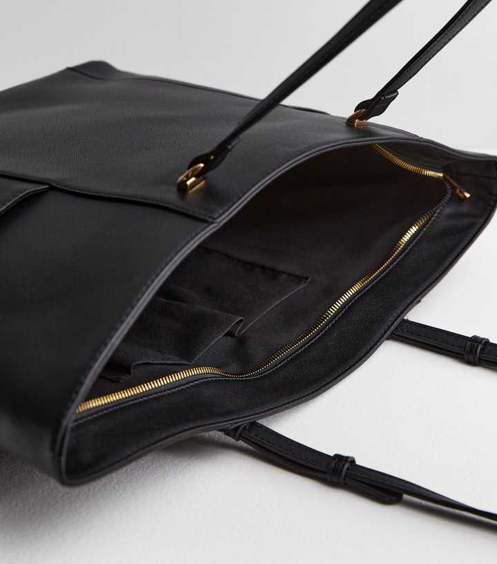 Black Leather-Look Tassel Pocket Front Tote Bag