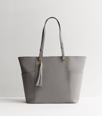 Grey Leather Look Tassel Tote Bag New Look