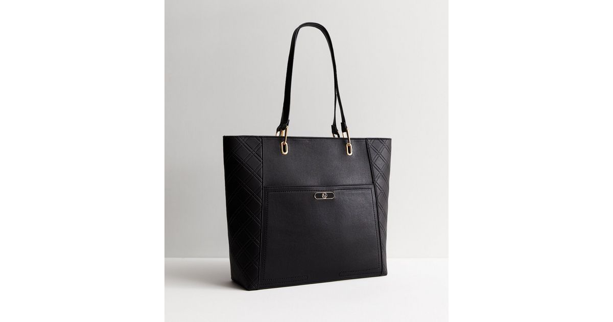 Black Leather-Look Embossed Logo Tote Bag