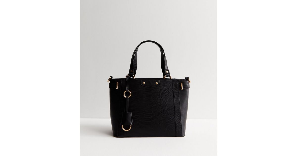 Black Leather-Look Midi Tote Bag