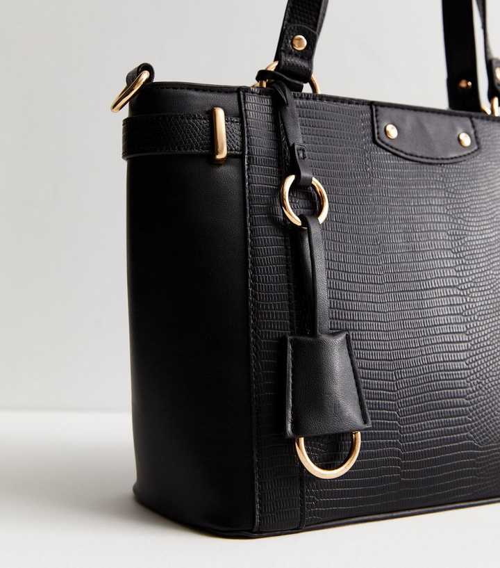 Black Leather-Look Midi Tote Bag
