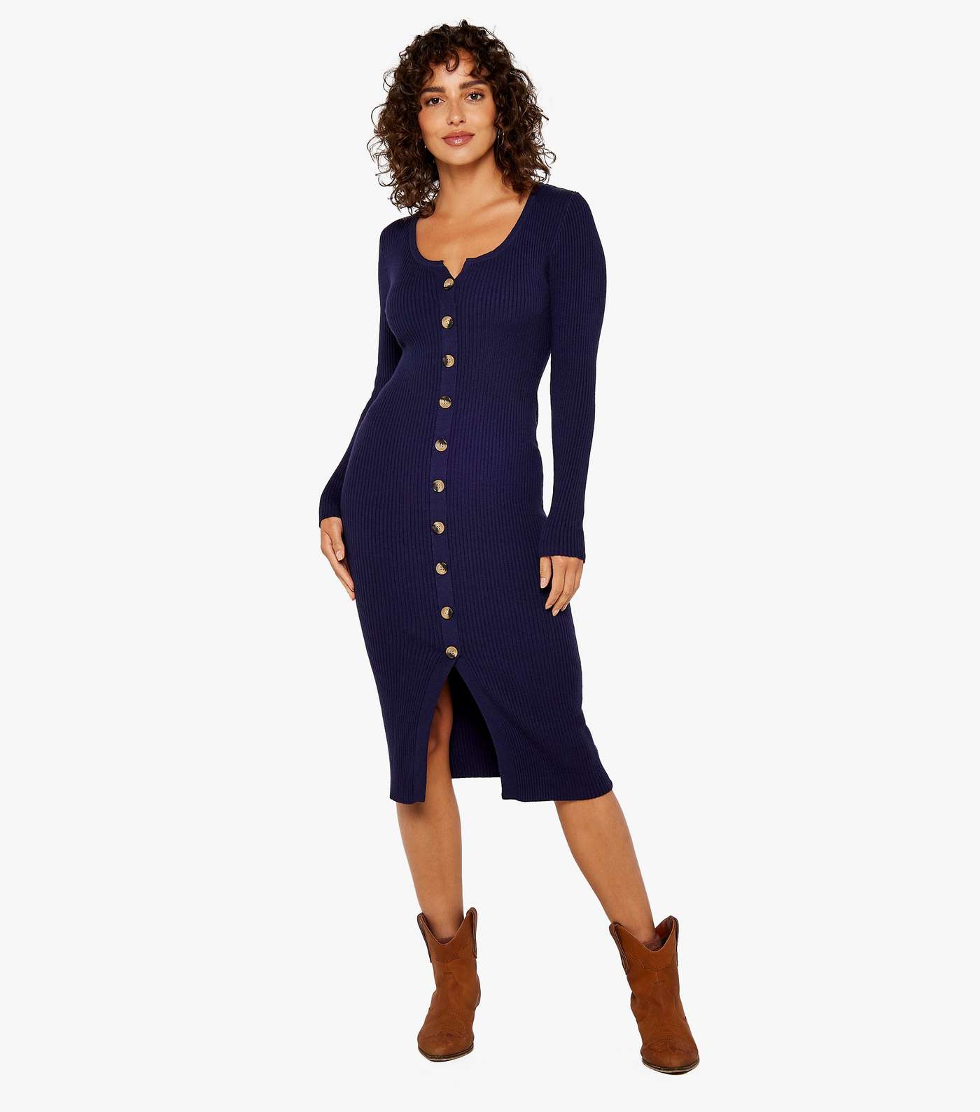 Apricot Navy Ribbed Knit Button Front Bodycon Midi Dress Image 2