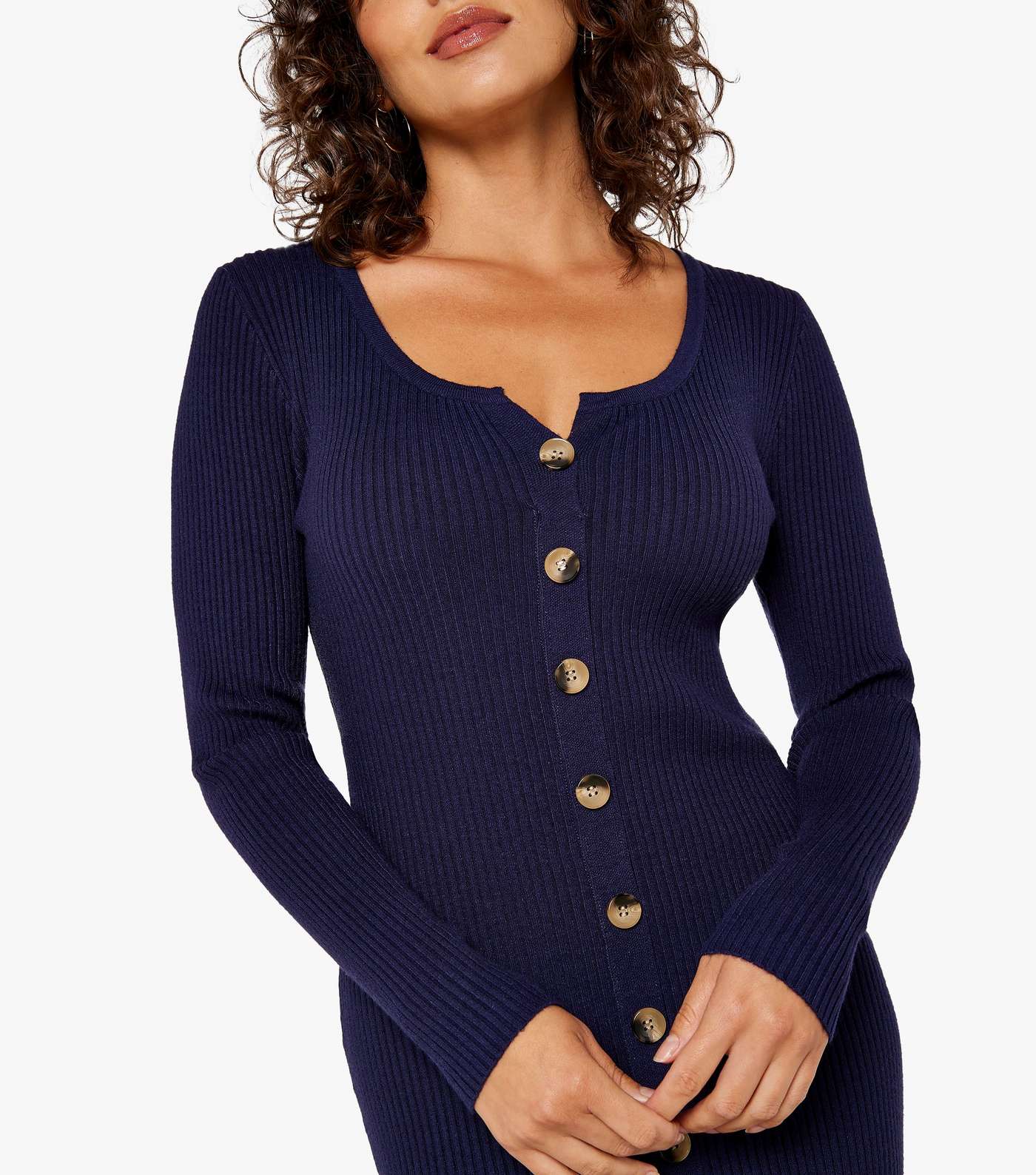 Apricot Navy Ribbed Knit Button Front Bodycon Midi Dress Image 4
