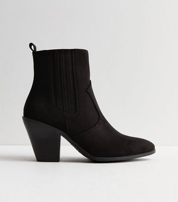 Black Suedette Cowboy Block Heel Ankle Boots New Look