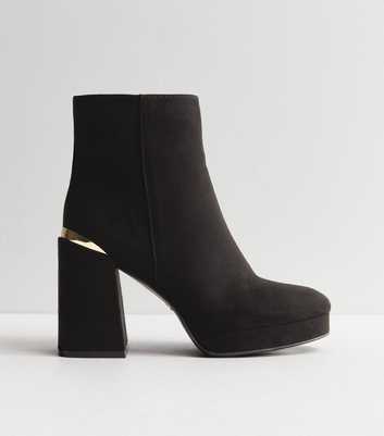 Black Suedette Heel Trim Platform Block Heel Ankle Boots