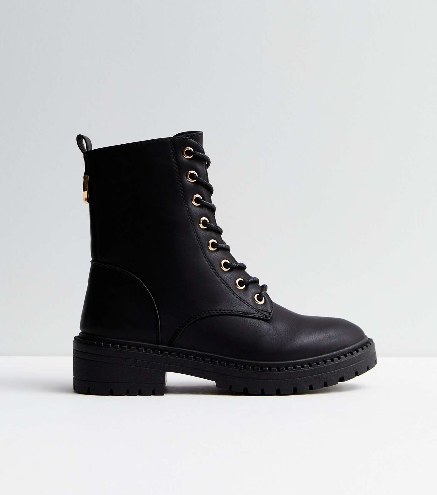 Black Leather-Look Lace Up Biker Boots Image 3