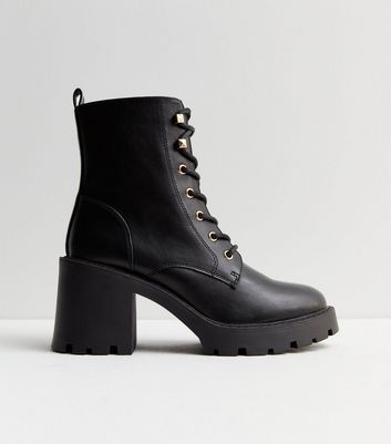 Black Leather-Look Chunky Block Heel Biker Boots New Look