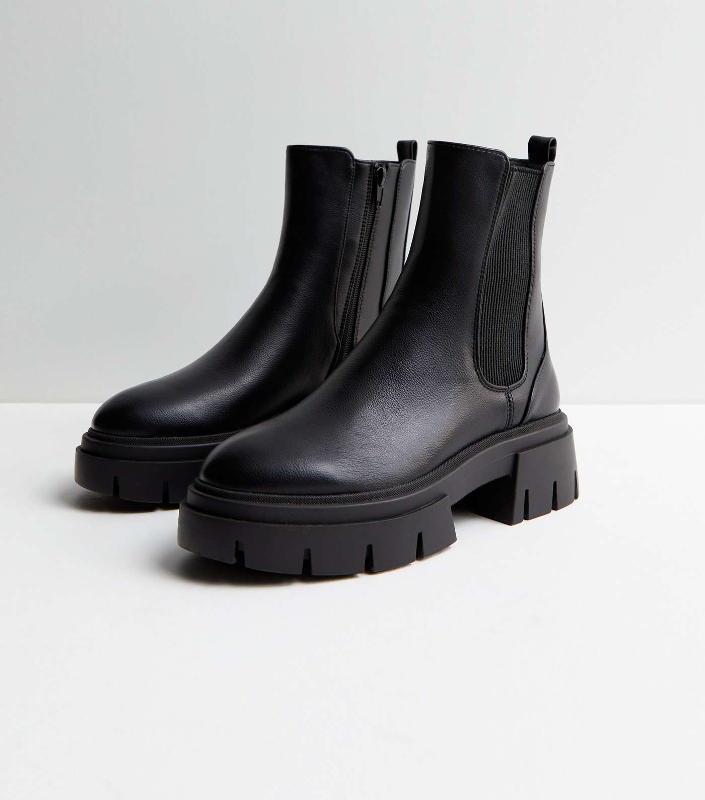 Black Leather-Look Chunky Cleated Sole Chelsea Boots