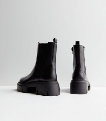 Black Leather-Look Chunky Cleated Sole Chelsea Boots New Look