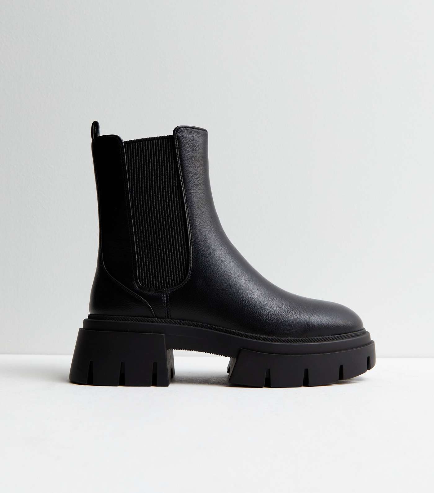 Black Leather-Look Chunky Cleated Sole Chelsea Boots Image 5