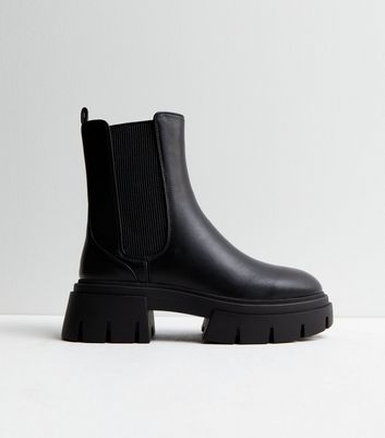 Black Leather Look Chunky Cleated Sole Chelsea Boots New Look