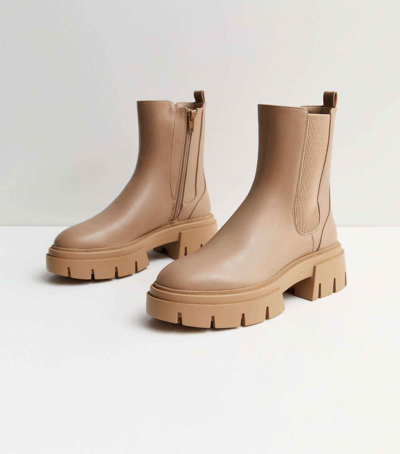 Camel Leather-Look Chunky Cleated Sole Chelsea Boots Image 3