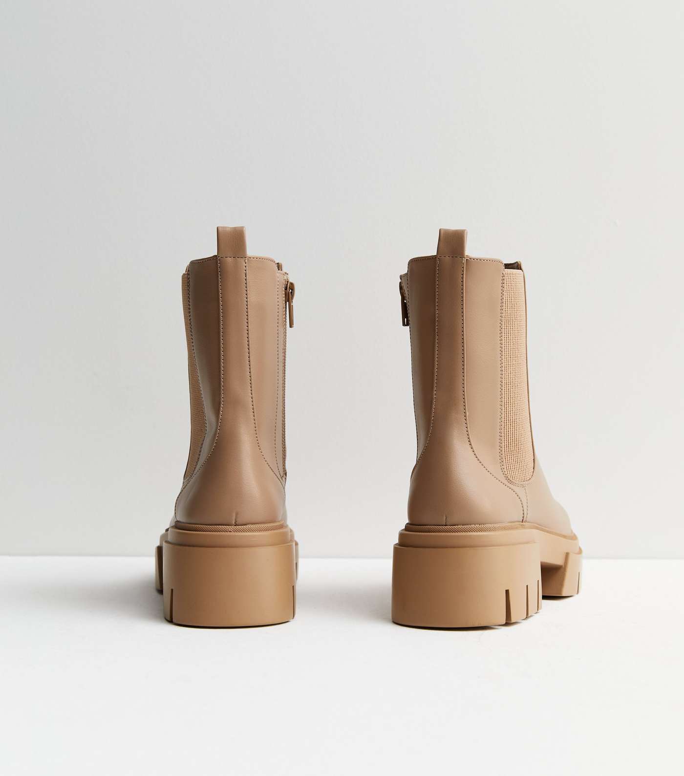 Camel Leather-Look Chunky Cleated Sole Chelsea Boots Image 5