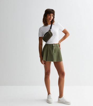 Khaki Twill Pleated Mini Skirt New Look