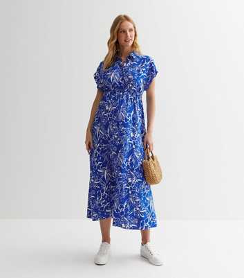 Maternity Blue Tropical Midi Shirt Dress