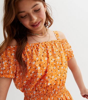 Girls Orange Ditsy Floral Bardot Dress New Look