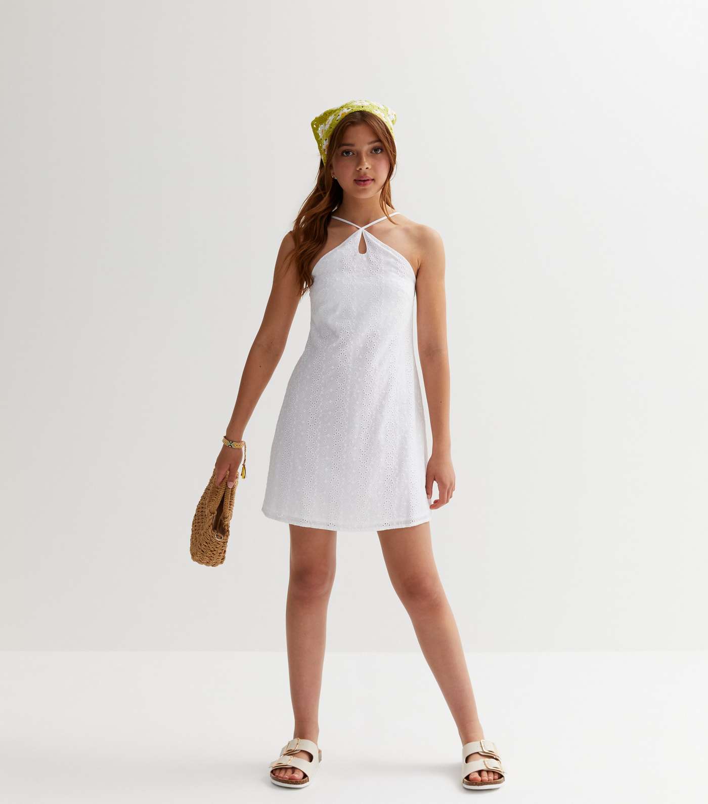 Girls White Broderie Halter Mini Dress Image 3