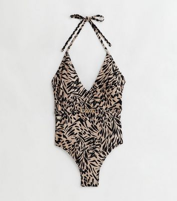 Black Animal Print Belted Swimsuit New Look