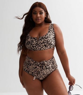 Curves Brown Animal Print High Waist Bikini Bottoms New Look