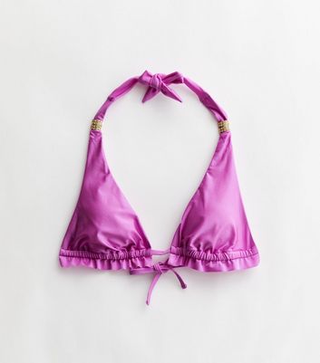 Purple Halter Frill Triangle Bikini Top New Look