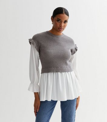 Cameo Rose Pale Grey Knit Frill 2 in 1 Peplum Shirt New Look