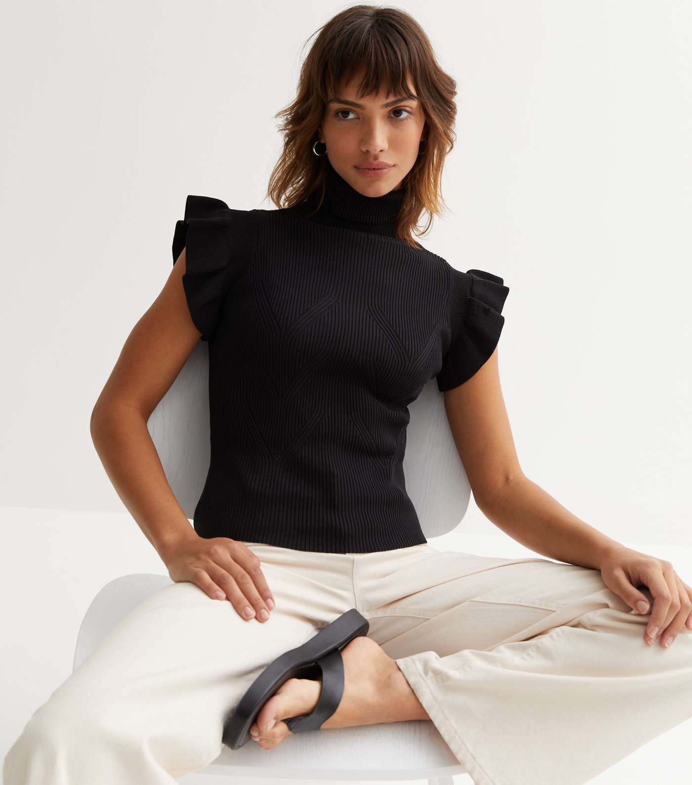 Cameo Rose Black Knit Frill Sleeve Top Image 2