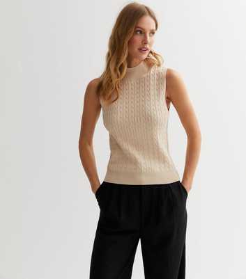 Cameo Rose Stone Cable Knit High Neck Sleeveless Top