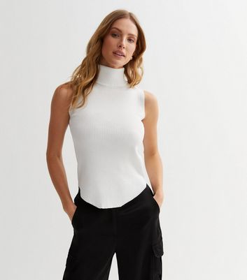 Cameo Rose Off White Knit Sleeveless Roll Neck Top