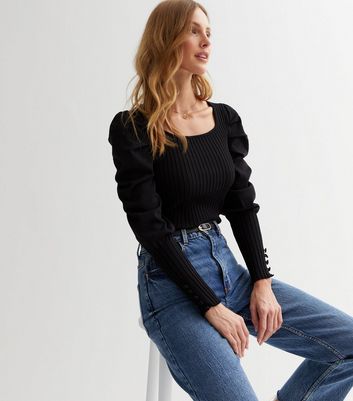 Cameo Rose Black Knit Puff Sleeve Top