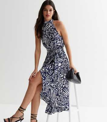 Blue Vanilla Navy Abstract Satin Halter Midi Dress