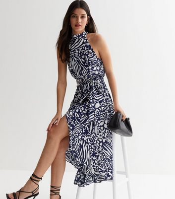 Blue Vanilla Navy Abstract Satin Halter Midi Dress