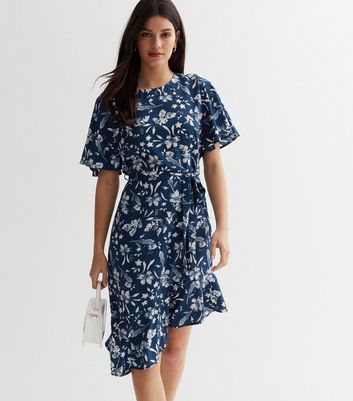 Blue Vanilla Navy Floral Frill Asymmetric Midi Dress