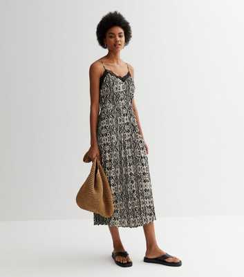 Blue Vanilla Black Abstract Lace Trim Midi Slip Dress