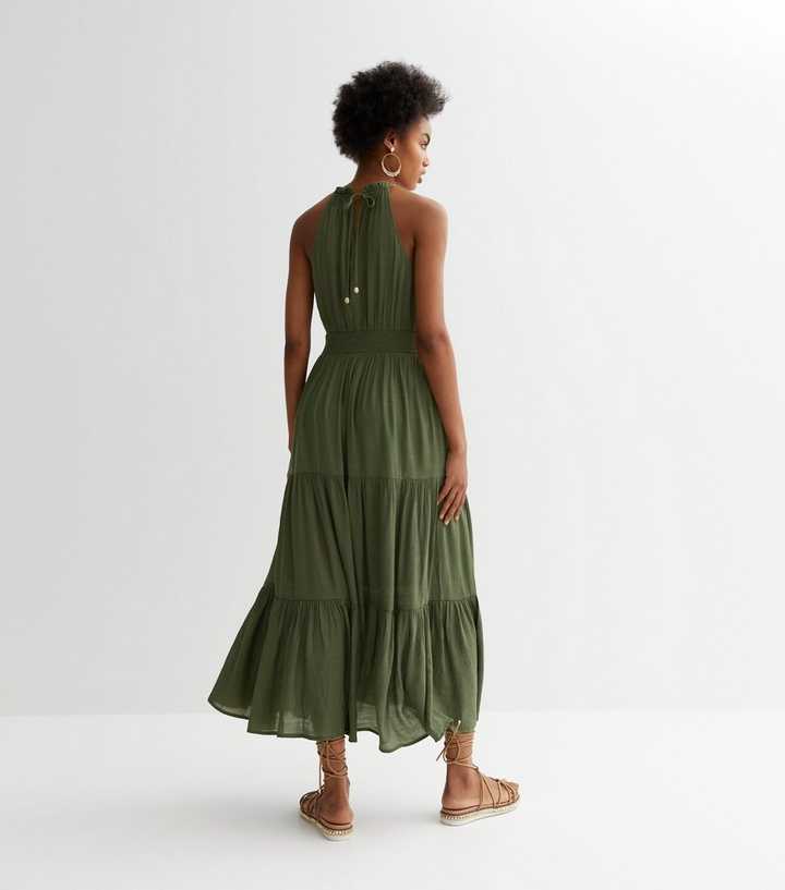 Khaki Halterneck Midaxi Dress