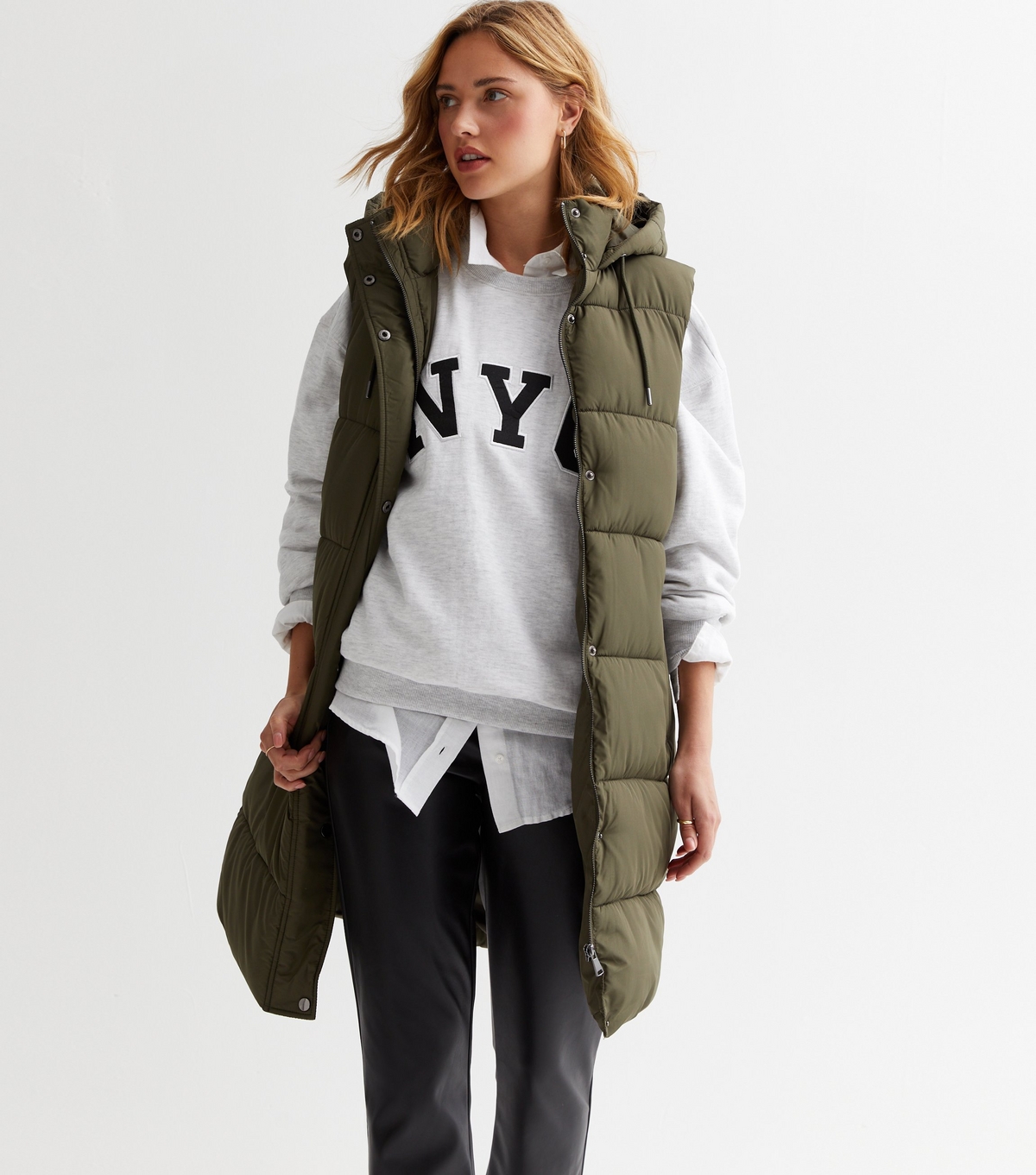 Women's Khaki Long Hooded Puffer Gilet New Look