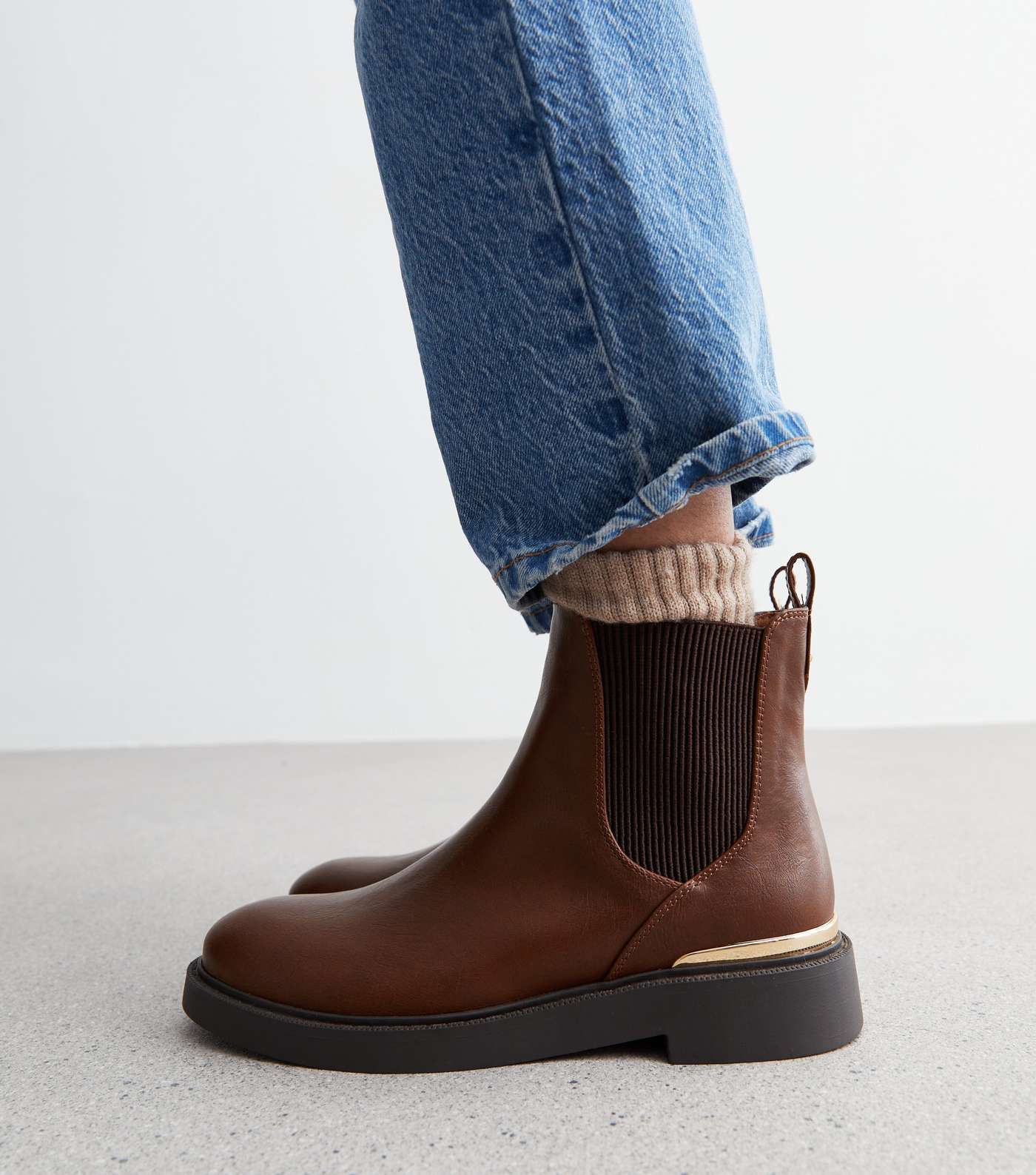 Tan Leather-Look Metal Trim Chelsea Boots