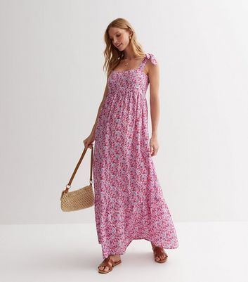 Maternity Pink Floral Cotton Tiered Hem Maxi Dress New Look