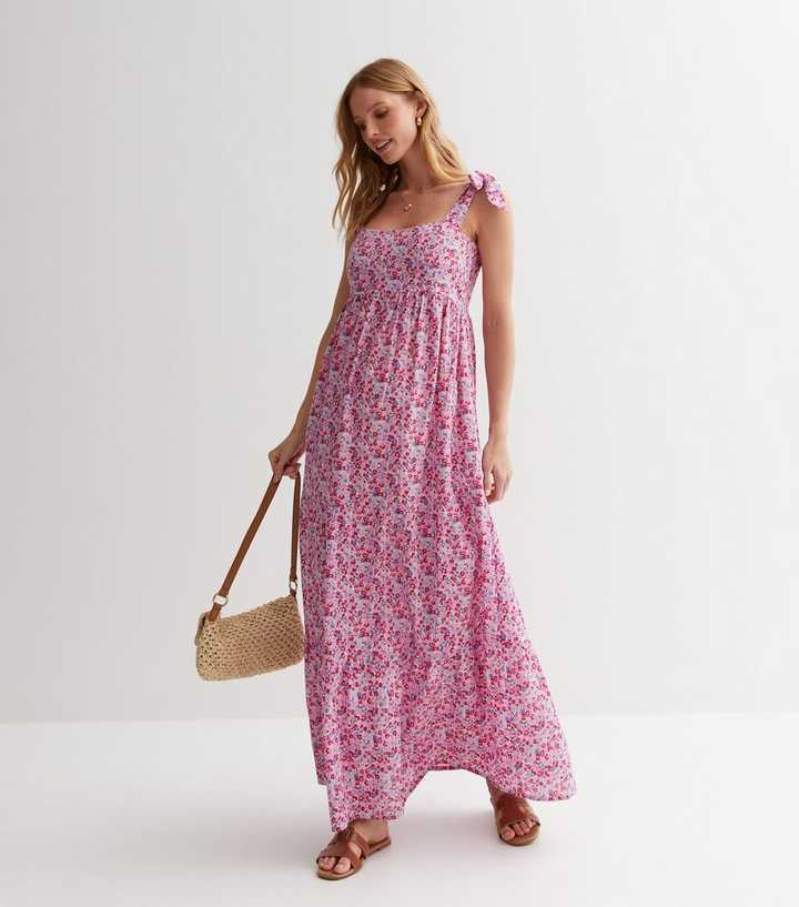 Maternity Pink Floral Cotton Tiered Hem Maxi Dress