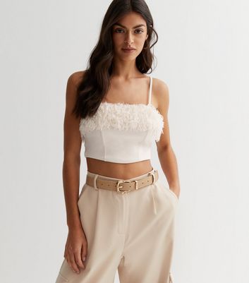 White Fluffy Trim Strappy Crop Top New Look