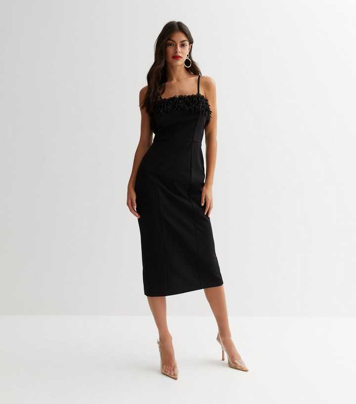 black dresses at new look Fluffy Trim Strappy Midi Dress Black midi dress