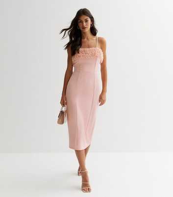 Pale Pink Fluffy Trim Strappy Midi Dress
