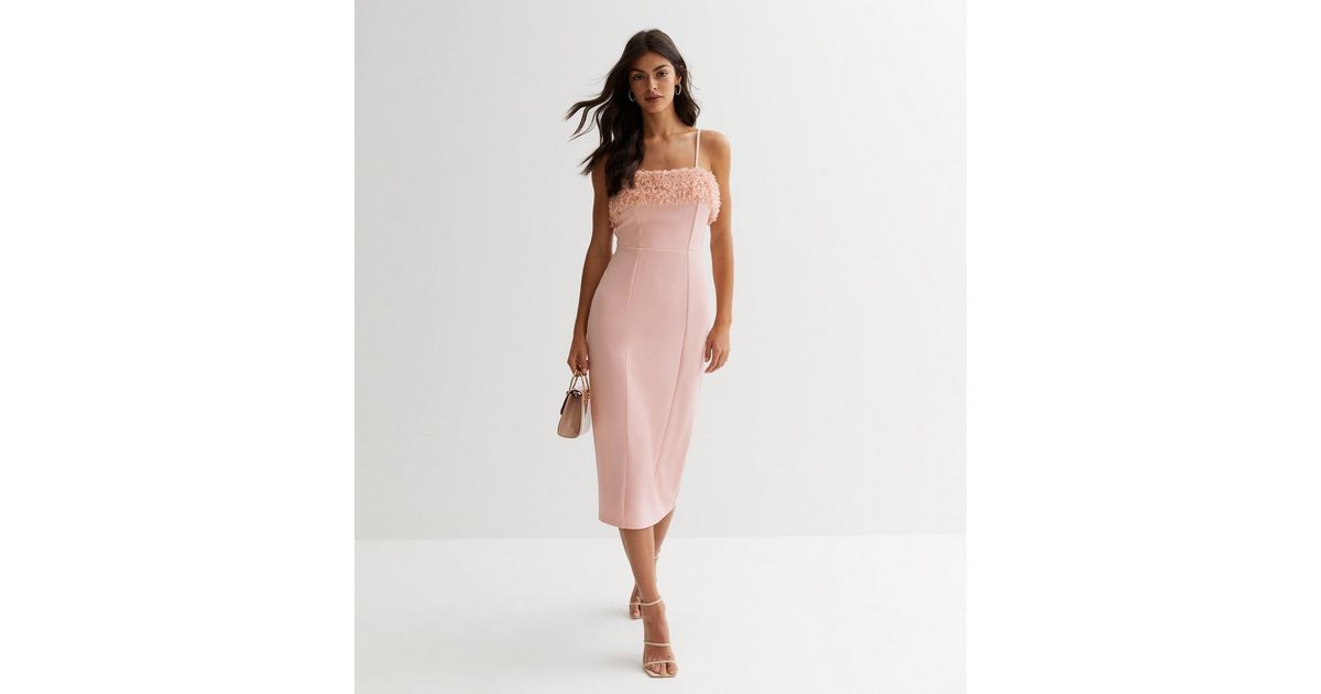 Pale Pink Fluffy Trim Strappy Midi Dress | New Look