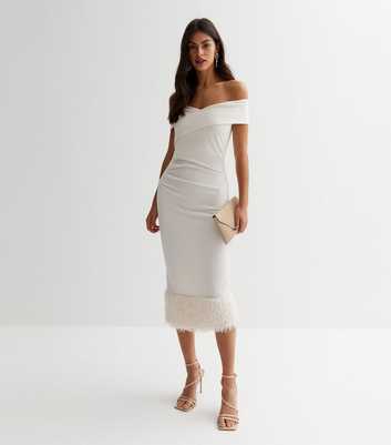 White Fluff Trim Bardot Midi Dress