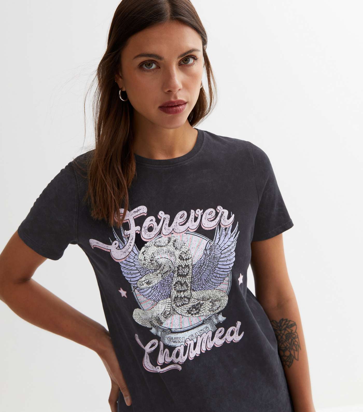 Dark Grey Acid Wash Forever Charmed Snake Logo T-Shirt Image 3