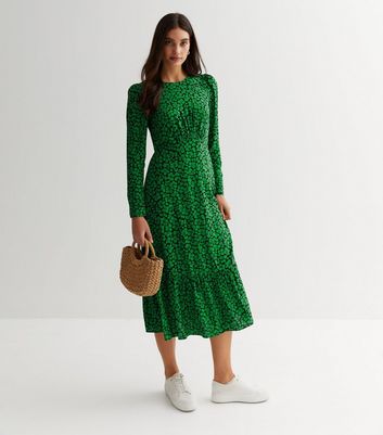 Green Floral Ruched Tiered Midi Dress
